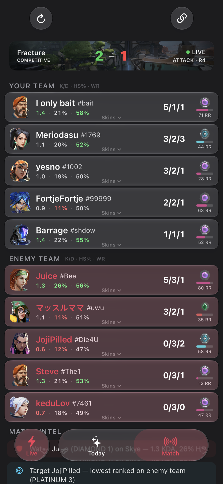 Revamped on iPhone showing the live match scoreboard with ranks, K/D/A and match intel