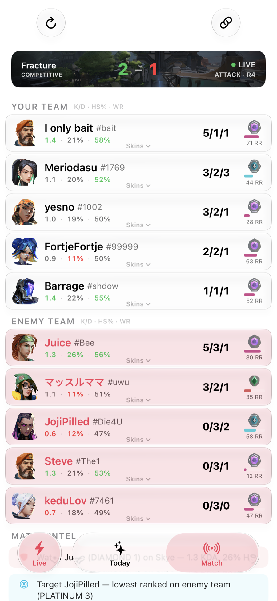 Revamped on iPhone showing the live match scoreboard with ranks, K/D/A and match intel