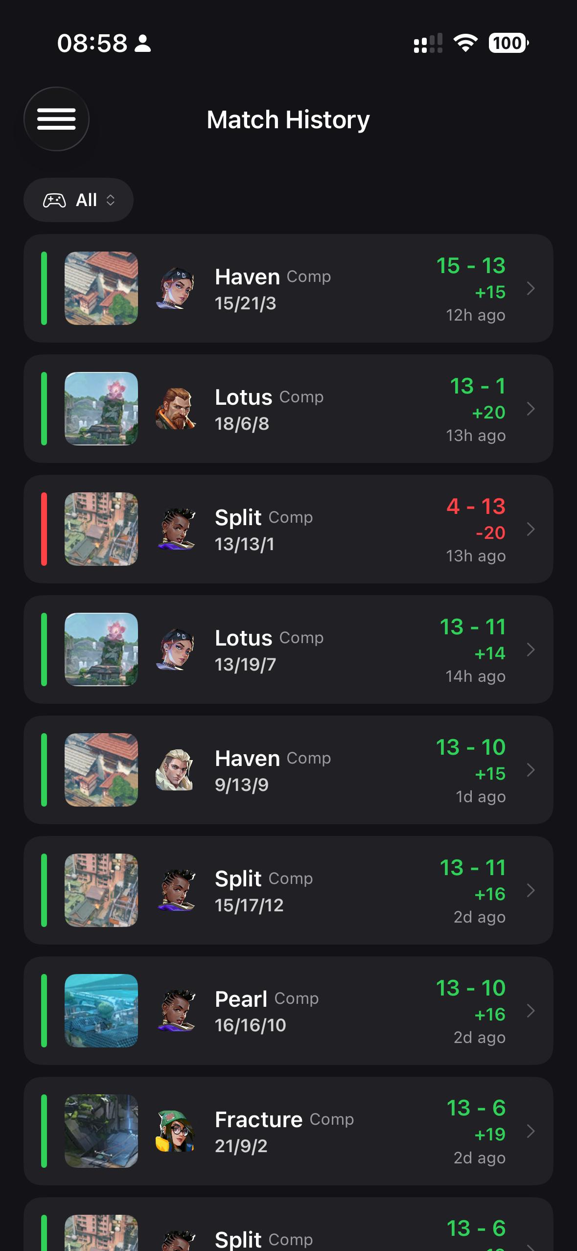 Match History — Recent competitive matches with K/D/A, RR changes