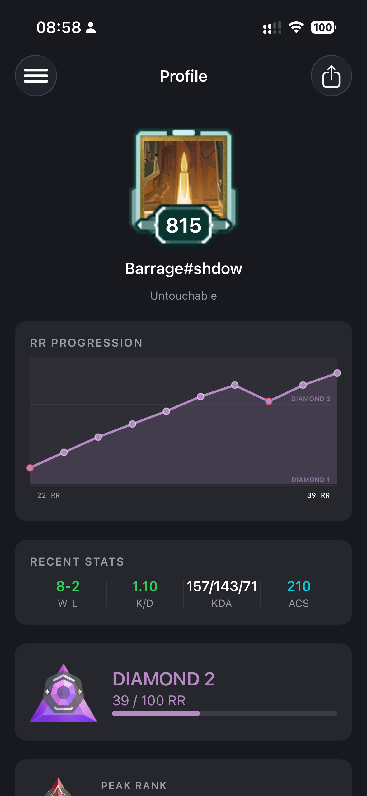 Profile — Diamond 2, RR graph, Recent Stats on iPhone