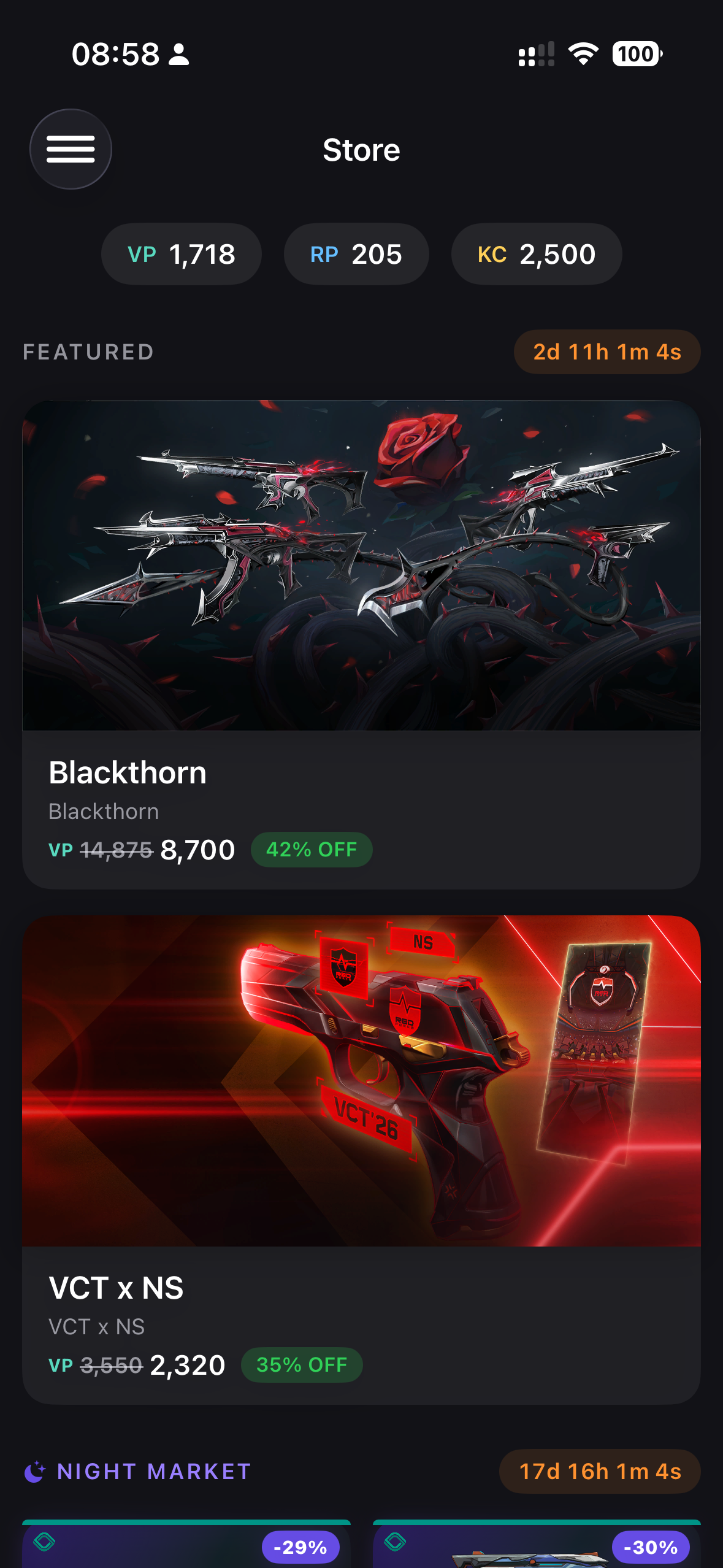 Store — VP/RP balances, Blackthorn Bundle, VCT x NS Bundle, Night Market