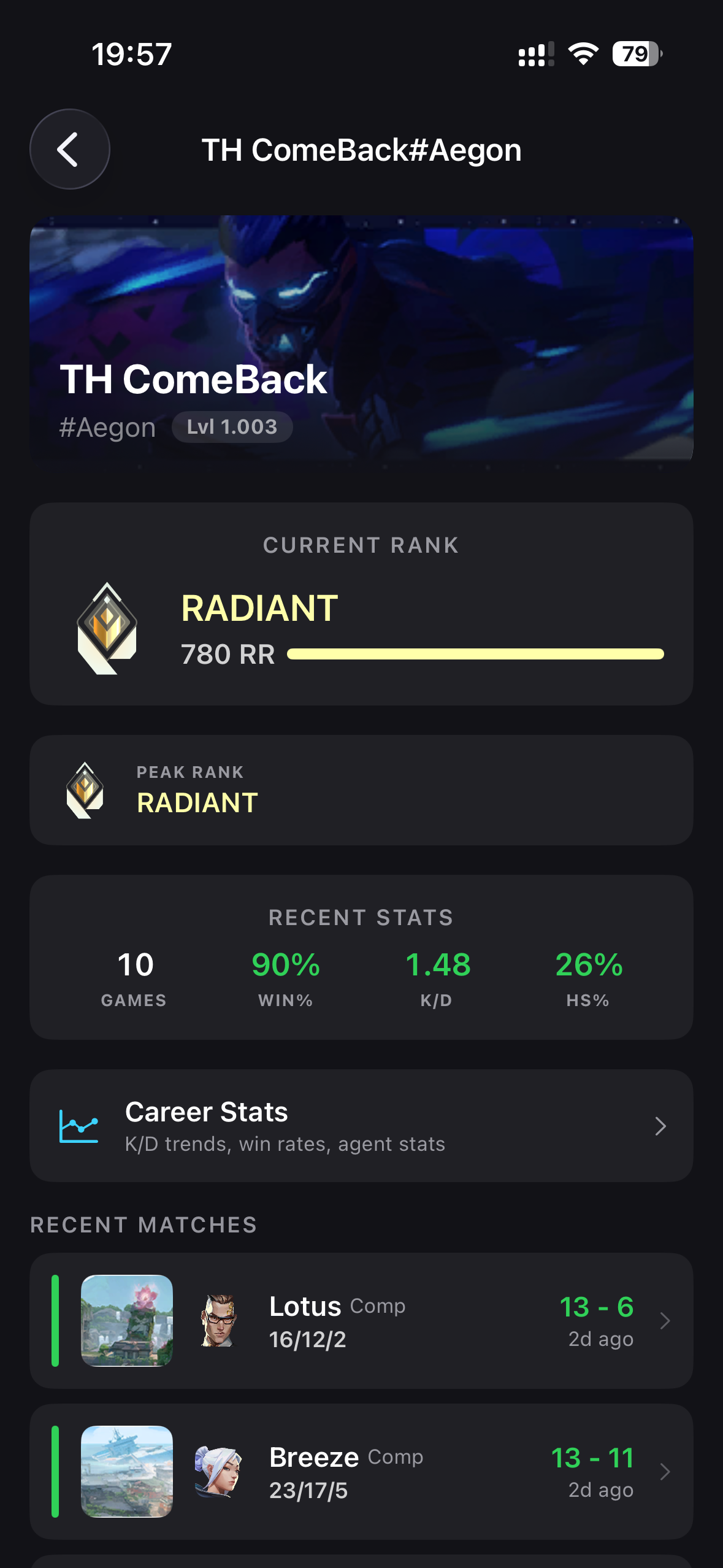 TH ComeBack — Radiant 780 RR, Peak Radiant, 90% WR, 1.48 K/D