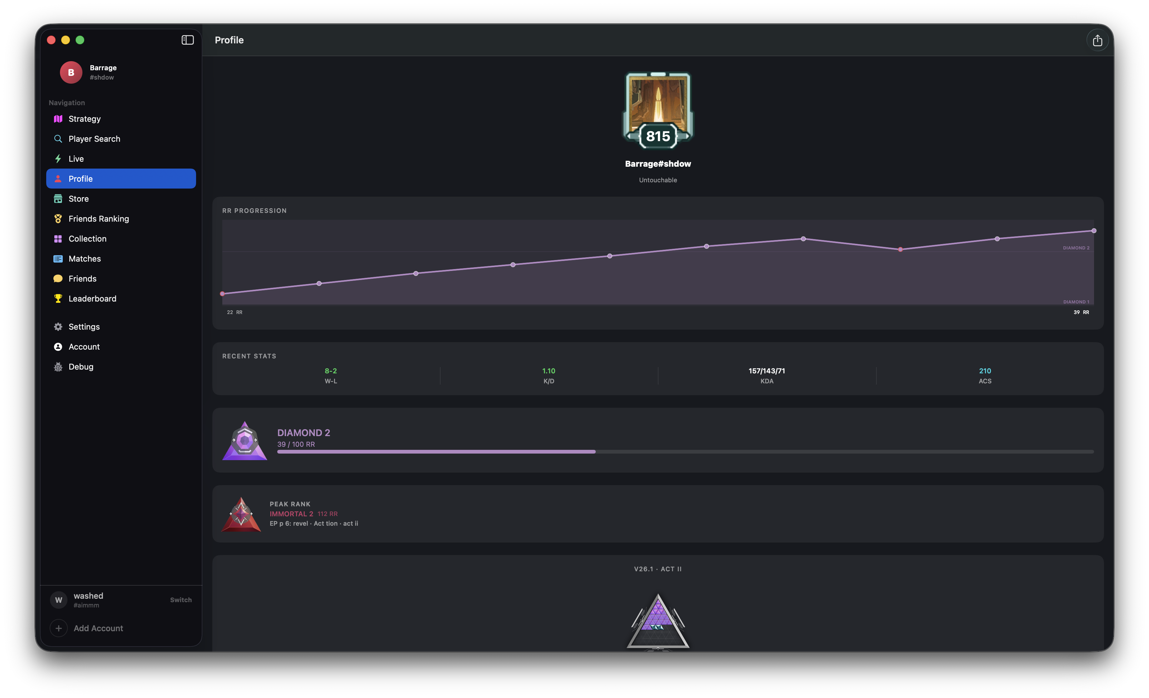 macOS — Profile with sidebar navigation, RR graph, rank, act rank