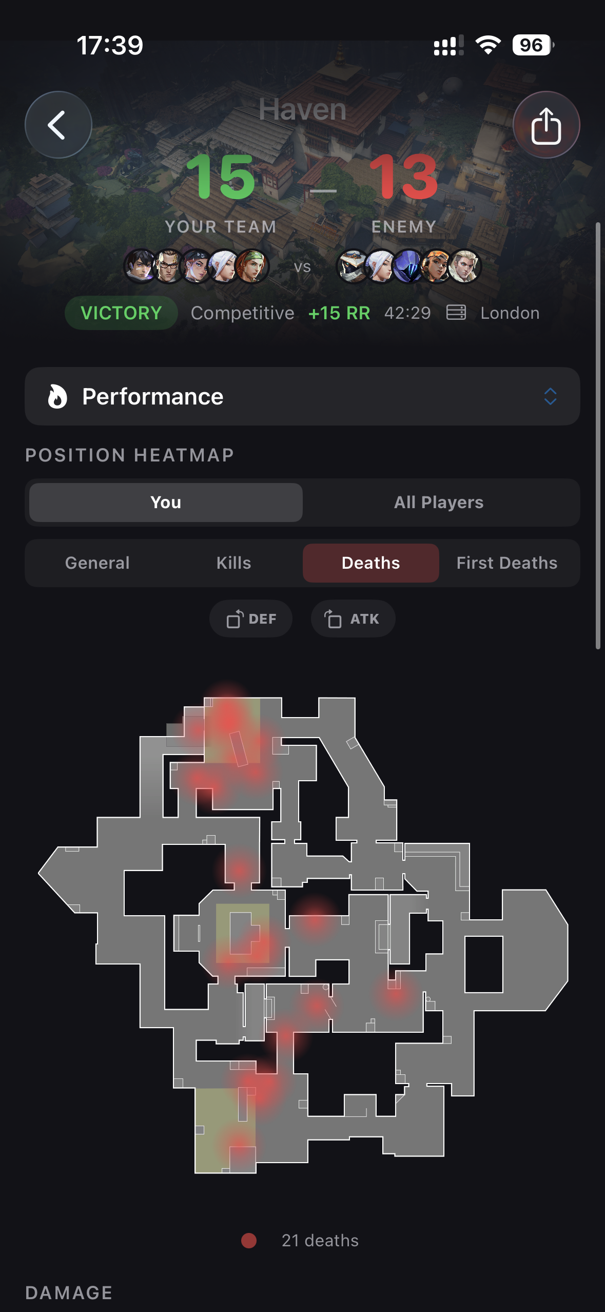 Your death positions — red dots on Haven minimap