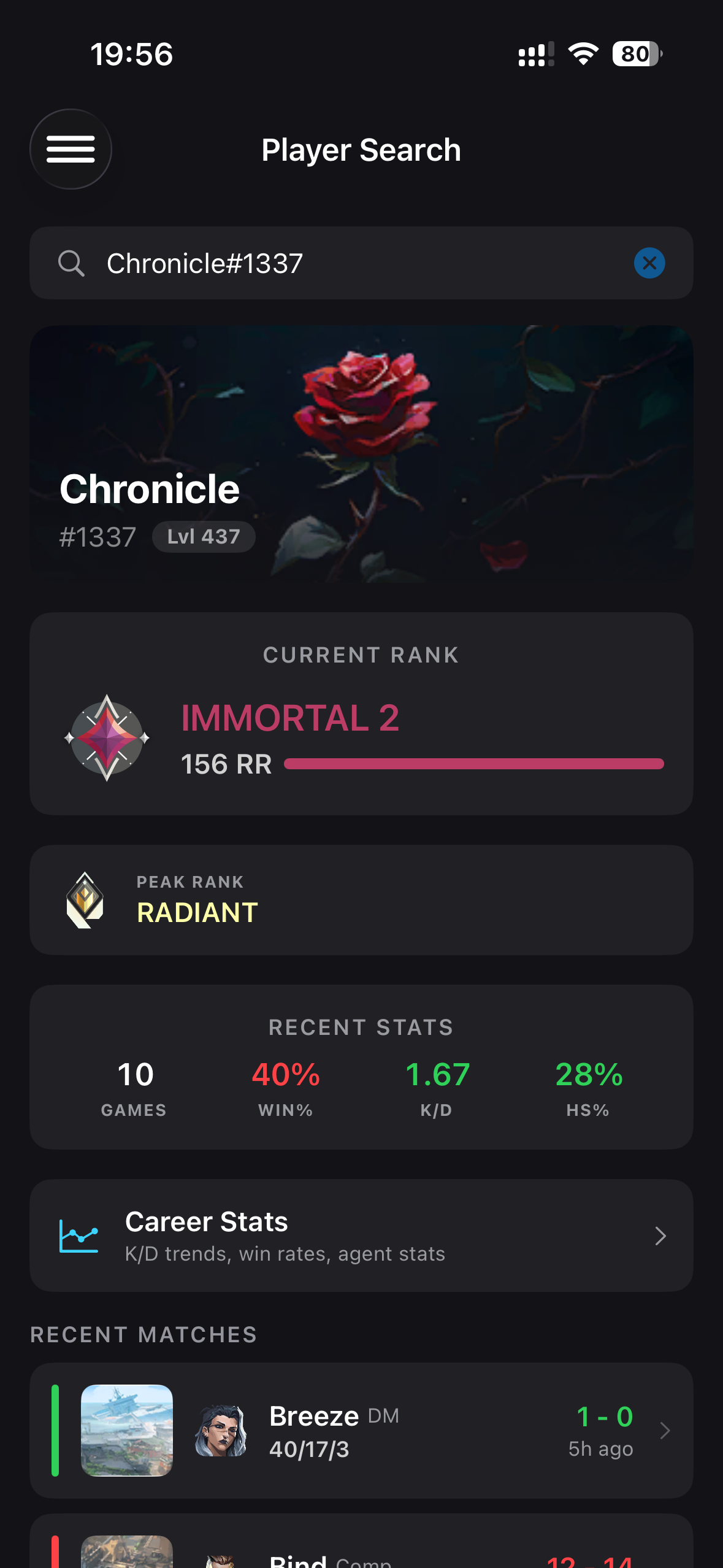 Chronicle — Immortal 2, 156 RR, Peak Radiant, Career Stats, Recent Matches