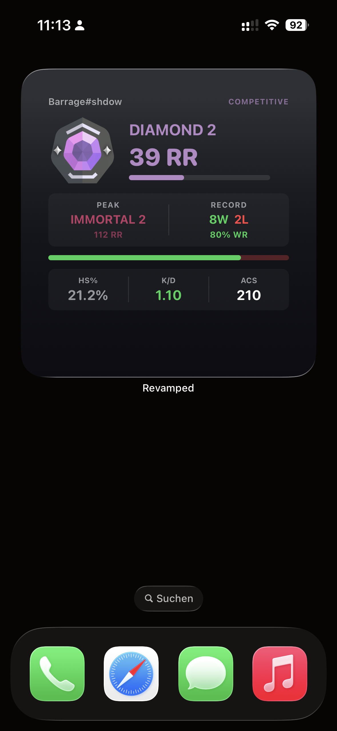Rank Widget — Diamond 2, 39 RR, peak Immortal 2, 80% WR, HS%, K/D, ACS